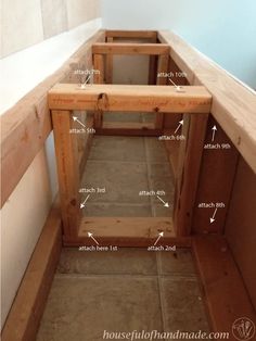 an unfinished kitchen storage bench with measurements