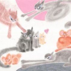 an image of cats playing with each other on the ground in front of a pink heart