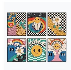 four different paintings with smiley faces and flowers in the middle one has a checkerboard background