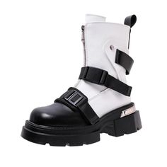 Olivia Mark - Thick Lightweight  Martin Boots with Square Toe, Buckle Detail, and Short Shaft Trendy Belts, Designer Ankle Boots, Edgy Elegance, Pu Boots, Mid Heels Pumps, Party Heels, Design Drawings, Boot Types, Platform Ankle Boots