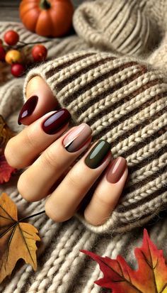 Fall Nails Jewel Tone, Fall Multicolor Nails Acrylic, Trendy Minimalist Nails Fall, Dark Autumn Nail Designs, Fall Nails Cranberry, 2024 Nails Fall, Minimalist Nails Fall 2024, Fall Manicure 2024, Nail Polish Fall 2024