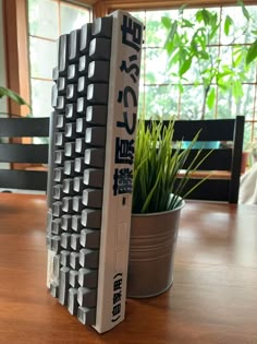 a computer keyboard sitting on top of a wooden table next to a potted plant