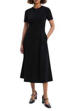 Go from the office to evening events with ease in this versatile A-line dress cast in a timeless hue. 49 1/2" length (size 8) Hidden back-zip closure Jewel neck Short sleeves Side-seam pockets Lined 70% triacetate, 30% polyester Dry clean Imported Elegant A-line Dress With Side Zipper, A-line Midi Dress With Box Pleat For Office, Tailored A-line Midi Dress For Work, Fit And Flare A-line Midi Dress For Work, Sleek A-line Midi Dress With Flattering Silhouette, Formal A-line Midi Dress With Flattering Silhouette, Elegant Pleated Back Midi Dress For Work, Office Midi Dress With Box Pleat, Evening A-line Midi Dress With Box Pleat