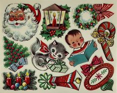 an old fashioned christmas sticker sheet with various items