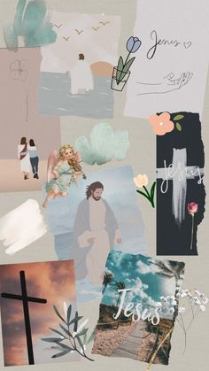 a collage of images with the words jesus on them