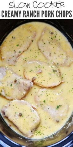 slow cooker creamy ranch pork chops recipe in a crock pot with text overlay