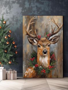 a painting of a deer with holly wreaths on it's antlers next to a christmas tree