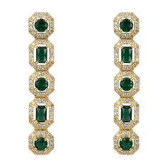 Step into a world of elegance and sophistication with the Whistledown Emerald Drop Earrings in Gold. The design features a stunning column of five lab-grown emeralds, alternating between round and rectangular cut, each one nestled in its own exquisite setting. Surrounding these vibrant gems is a halo of sparkling zirconia, capturing and reflecting light to create a mesmerizing sparkle. Want a necklace or bracelet to perfectly complement these earrings? Then elevate your ensemble with the matchin Emerald Drop Earrings, Emerald Earrings Drop, Reflecting Light, Drop Earrings Gold, August Birthstone Jewelry, July Birthstone Jewelry, Pearl Jewellery Earrings, Fancy Jewelry, Jewelry Ring Box