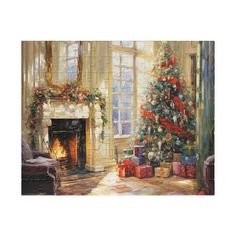 a painting of a living room with a christmas tree and presents in front of the fireplace