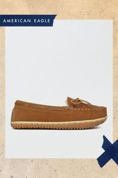 Suede upper with pile lining/Foam EVA midsole/MinnTREAD rubber outsole/Removable contoured footbed/Heavily treaded rubber sole for indoor/outdoor capability/Not Eligible For Promotions | Only Ships Within The USA Moccasins, Rubber Sole, American Eagle Outfitters, Women's Jeans, American Eagle, Indoor Outdoor, Slippers, Women Jeans, Ships