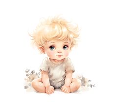 a painting of a baby sitting on the ground with blue eyes and blonde hair, wearing a white shirt