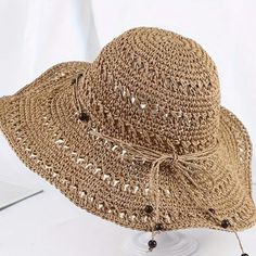 Straw Sun Hat Wide Brim Hollow Hand-Knitted And Packable Nwt Solid Color One Size Sun Hat For Beach, One-size Beach Sun Hat, One Size Vacation Sun Hat, Sun Hat For Beach, Lightweight Casual Bucket Hat, Brown Crochet Hat For Summer, Casual Lightweight Straw Hats, Casual Crochet Hat For Winter Vacation, Casual Straw Hat One Size