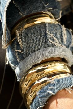 Denim Gold upscale classic 7 Stacked Bangles Bracelets – iAMMI Demin Jacket, Fabric Bracelets, Photo Gold, Custom Denim, Bangles Bracelets, Photoshoot Inspo, Stacked Bangles, Denim Collection, Golden Girl