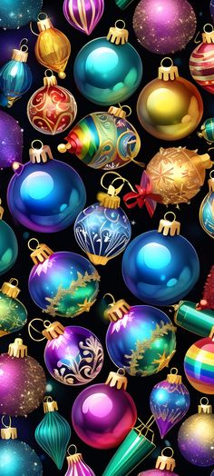 many different colored christmas ornaments on a black background