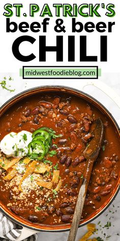 a bowl full of chili and beans with the title super bowl beef and beer chili