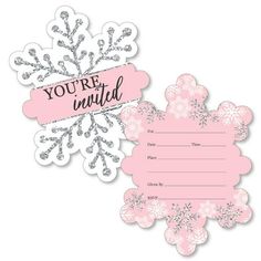 a pink and silver snowflake birthday party card with the words you're in it