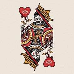 a tattoo design with hearts and skulls on it