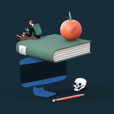 an apple sitting on top of a book next to a skull