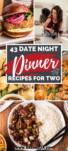 four different pictures with the words, date night dinner recipes for two