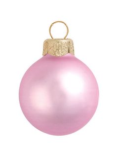 a pink christmas ornament hanging from a gold chain on a white background with clippings