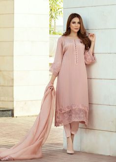 Blush pink pure crepe silk shirt with details on the neckline and embroidery and embellishments on the sleeves and bottom of the shirt. Paired with matching skinny shalwar (Includes shirt and skinny shalwar) Print Embroidery, Pink Wrap, Flamingo Pink, Cotton Suits, Pakistani Actress, Pink Brand, Lace Insert, Pink Silk, Large Fashion