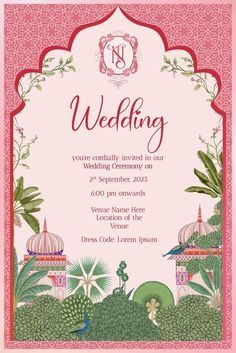 the wedding card is designed to look like it has an ornate frame and pink background