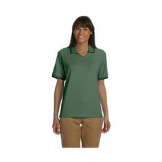 6.1 Oz, 100% Long-Staple Peruvian Pima Cotton Interlock Comfort Of Luxurious Pima Cotton Grey Heather Is 90% Cotton, 10% Polyester Contrast Tipping On Collar And Cuffs Trim Cut Looks Great Tucked Or Untucked Feminine Johnny Collar Size: S.  Color: Green.  Gender: female.  Age Group: adult. Polo Shirt Style, Johnny Collar, Slim Fit Polo, Polo Shirt Women, Short Sleeve Polo, Pima Cotton, Sports Shirts, Devon, Navy And White