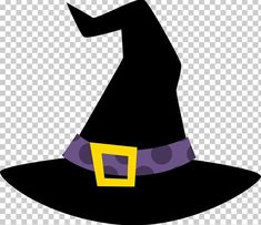 a black witch hat with purple polka dots on the bottom and yellow square in the center