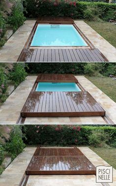 the steps leading up to an above ground swimming pool are made from wood and concrete