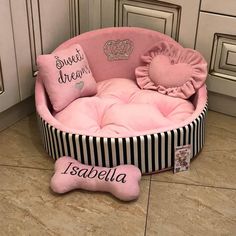 Personalized Crown Dog Bed Baby Pink/Black Stripes Crown-bitchnewyork Dog Necessities, Dog Vacation, Small Dog Bed