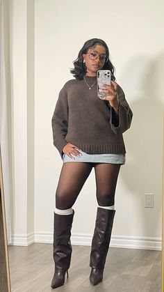 Brown fall fits🍂 , black girl fall outfits, winter boots  outfits,knee length boots , brown sweater , sweater outfits Red Sweater Brown Boots Outfit, Brown Skirt And Boots Outfit, Chestnut Brown Uggs Outfit, White And Brown Dress Outfit, Fall Sweater Outfits Black Women, Brown High Boots Outfit Winter, Bronze Boots Outfit, Brown Kitten Heel Boots Outfit, Simple Winter Outfits Black Women