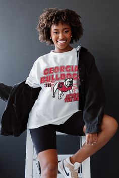 GEORGIA BULLDOGS IN THE LEAD OVERSIZED CREWNECK TEE From The Sidelines, Oversized Crewneck, Georgia Bulldogs, Spring Collection, Game Day, Fashion Games, The Fashion, Bulldog, Georgia