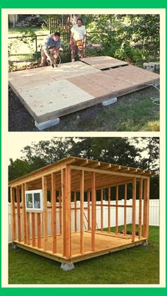 two pictures showing the inside and outside of a house being built with wood framing on it