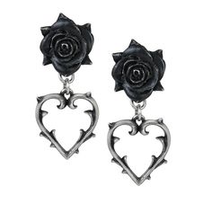 A doomed love, a painful romance... so quickly can what bloomed beautifully turn to dust and thorns. These fantastic earrings feature a black rose, somehow both delicate and harsh all at once. Underneath each dangles a heart, but made from a thorny vine. Certainly not your typical declarations of love, but edged with something a bit more dark and gothic. Approximate Dimensions:Width 1.57" x Height 0.71" x Depth 0.28"Type:Earrings - Sold as a PairMaterials:Fine English Pewter with Blackening, Sur Pewter Earrings, Dark And Mysterious, Alchemy Gothic, Goth Earrings, Alternative Jewelry, Love Earrings, Gothic Earrings, Goth Jewelry, Style Rock