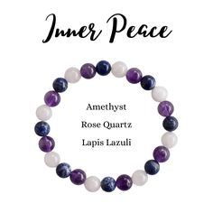 💖Promoting INNER PEACE Crystal Bracelet, Healing Gemstone Bracelet, Meditation Bracelet💖 These Beaded Bracelet, are from Smooth, Polished, High Quality Stones, Made with Genuine Gemstones.  HANDMADE Gorgeous Promoting INNER PEACE Crystal Bracelet 💎Features : 🌼Bead Size : 8mm 🌼Materials: gemstones  🌼Gemstones :  Amethyst, Rose Quartz, Lapis Lazuli 🔹Amethyst : is believed to promote calmness and spiritual clarity, aiding in inner peace.  🔹Rose Quartz :  is thought to open the heart to self Gemstone Bead Bracelet Ideas, Spiritual Amethyst Bracelets For Healing, Spiritual Amethyst Gemstone Beads Bracelet, Crystal Bracelet Ideas, Diy Crystal Bracelet, Purple Spiritual Crystal Bracelet With Stones, Spiritual Purple Crystal Bracelet For Meditation, Spiritual Beaded Amethyst Bracelet, Best Healing Crystals