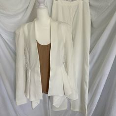 A Two-Piece Blazer + Pant Set Featuring Intricate Woven Trim Back Detail With Mesh Insert. Modern Pleated Silhouette Hem Detail. Hook Front Closure. High-Waist, Wide-Leg Pant Fit. 100% Polyester Vendor Detail Info #Shopmycloset #Poshmark #Fashion #Thrifts #Depopcommunity Fitted Long Sleeve Sets For Brunch, Elegant Stretch Pant Set For Spring, Fitted Pant Set For Workwear In Spring, Fitted Pant Set For Spring Workwear, Tailored White Sets For Spring, White Tailored Sets For Spring, White Stretch Workwear Sets, White Stretch Sets For Workwear, Elegant Slim Fit Pants For Brunch