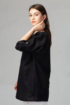 REYA Oversized Black Linen Tunic With Side Pockets and Dropped Shoulder Sleeves, Relaxed Linen Tunic, Handmade Linen Clothing, Plus Size - Etsy France Black Linen Top With Pockets, Linen Clothing, Clothing Plus Size, Linen Tunic, Black Linen, Linen Clothes, Shoulder Sleeve, Romania, Blouses For Women