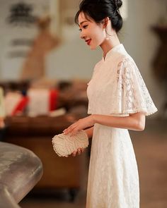 Long Cheongsam Dress Daily White Lace Dress - Weqipao Ceremonial Ao Dai With Lace Sleeves, Elegant Ao Dai With Stand Collar For Ceremony, Long Dresses For Tea Ceremony, Elegant Ao Dai With Lace Sleeves For Ceremony, Elegant Long Dresses For Ceremony, Elegant Dresses With Stand Collar For Ceremonies, Elegant Stand Collar Wedding Dress, Elegant Ceremony Dress With Stand Collar, Elegant Spring Ceremony Cheongsam