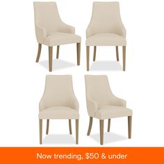 four upholstered chairs with the words now trending, $ 50 & under