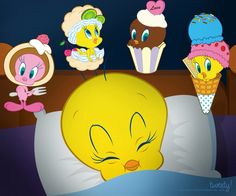 cartoon characters are sleeping in bed with an ice cream cone on their head and one has eyes closed