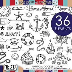 an image of nautical doodle clipart for the digital drawing kit, with words and symbols