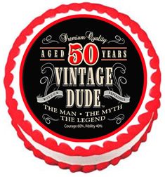 a red and white cake with the words 50 years vintage dude on it's side