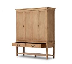 a large wooden cabinet with two drawers and a shelf underneath it, against a white background