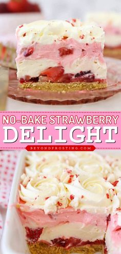 no - bake strawberry cheesecake dessert is shown with the words, no - bake strawberry deli light