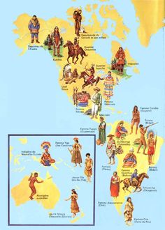 an illustrated map of the united states with native people and places to visit in each country