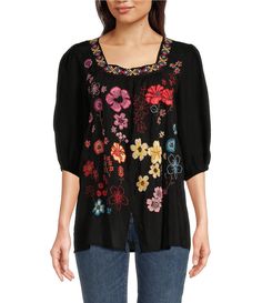 From JOHNNY WAS&#x2C; this blouse features: Lightweight woven fabrication Square gathered neckline with contrast trim 3/4 sleeves Embroidered floral motifStraight hemline Pullover constructionApprox. 28.25" length Rayon Machine wash/tumble dry Imported. Casual Floral Embroidery Square Neck Top, Casual Floral Embroidered Square Neck Top, Casual Square Neck Top With Floral Embroidery, Fall Floral Print Blouse With Multicolor Embroidery, Multicolor Embroidered Blouse For Fall, Long Sleeve Rayon Tops With Floral Embroidery, Long Sleeve Rayon Top With Floral Embroidery, Spring Folk Style Blouse, Fitted Folk Style Embroidered Top