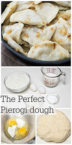 the process for making pie dough is shown in three different pictures, including eggs and flour