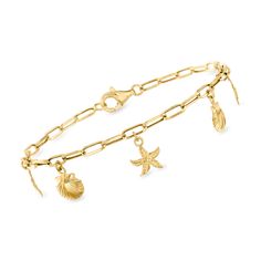 Ross-Simons - 14kt Yellow Gold Sea Life Paper Clip Link Charm Bracelet. 8". Make every day feel a beachy getaway with our sea life-inspired bracelet! Handcrafted in textured and polished 14kt yellow gold, the paper clip link chain suspends glittery seashell, starfish and sand dollar charms. Lobster clasp, 14kt yellow gold sea life paper clip link charm bracelet. Gold Beachy Jewelry, Gold Bracelets With Lobster Clasp For Vacation, Gold Bracelet With Lobster Clasp For Vacation, Gold Paperclip Bracelet With Lobster Clasp, Gold Dainty Paperclip Bracelet With Lobster Clasp, Gold Strand Bracelet With Ocean-inspired Style, Gold Metal Charm Bracelet For Beach, Gold-tone Paperclip Bracelet With Lobster Clasp As A Gift, Gold Bracelet With Starfish Charm, Adjustable