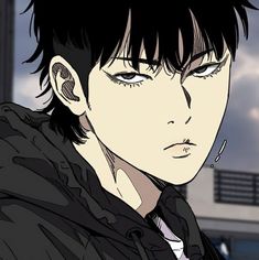 an anime character with black hair and blue eyes looking at the camera while he is staring