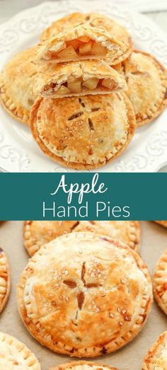 apple hand pies on a white plate with text overlay that says apple hand pies